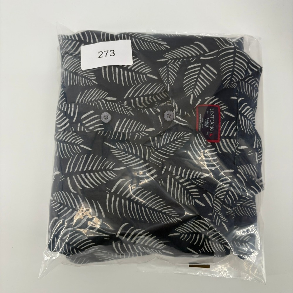 UNTUCKit Men's Large Slim Fit 100% Linen Leaf Print Button Down Shirt Blue - Picture 9 of 9